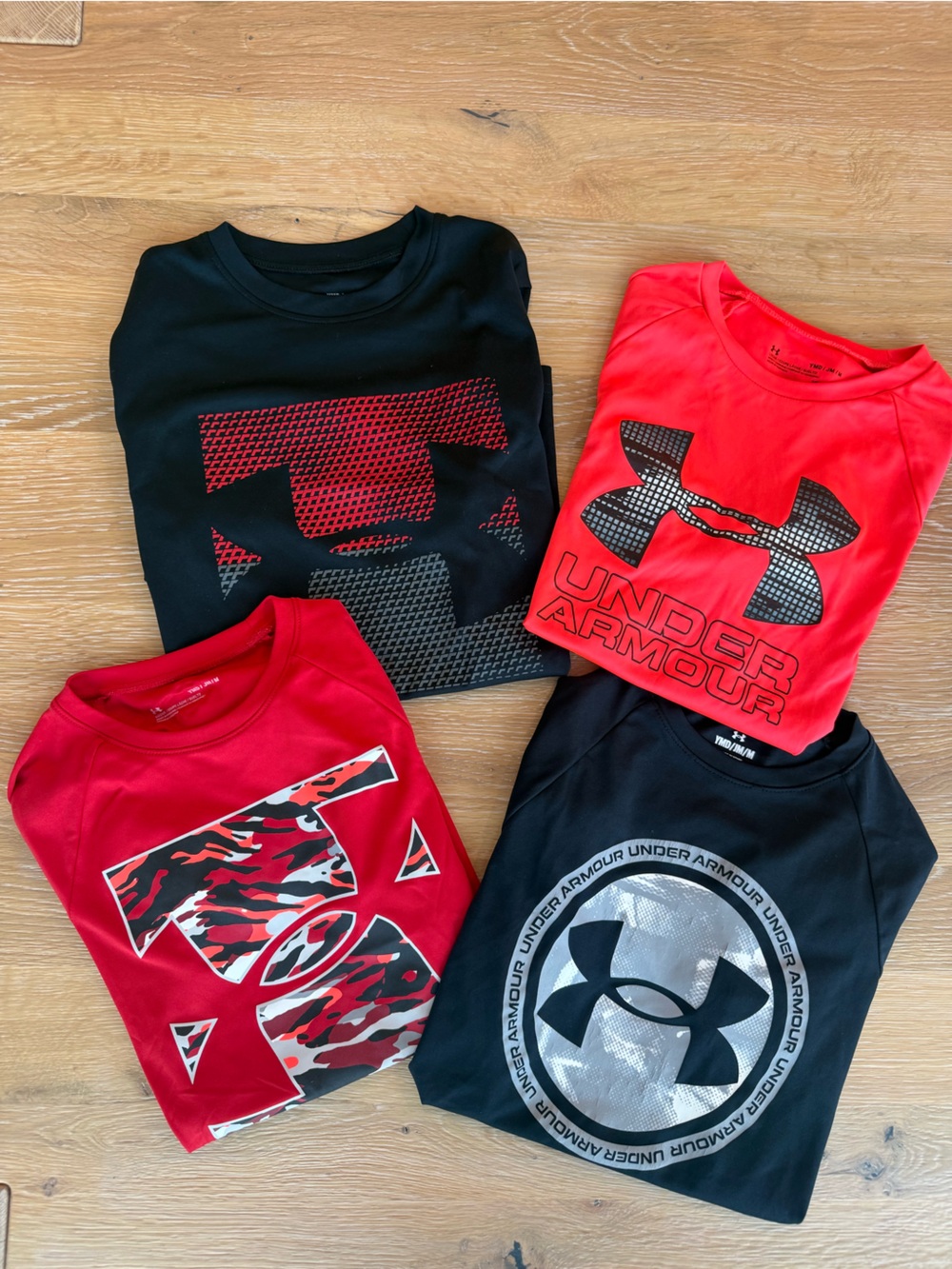 Lot of Four Under Armour Boys' Black & Red Logo Athletic Tees